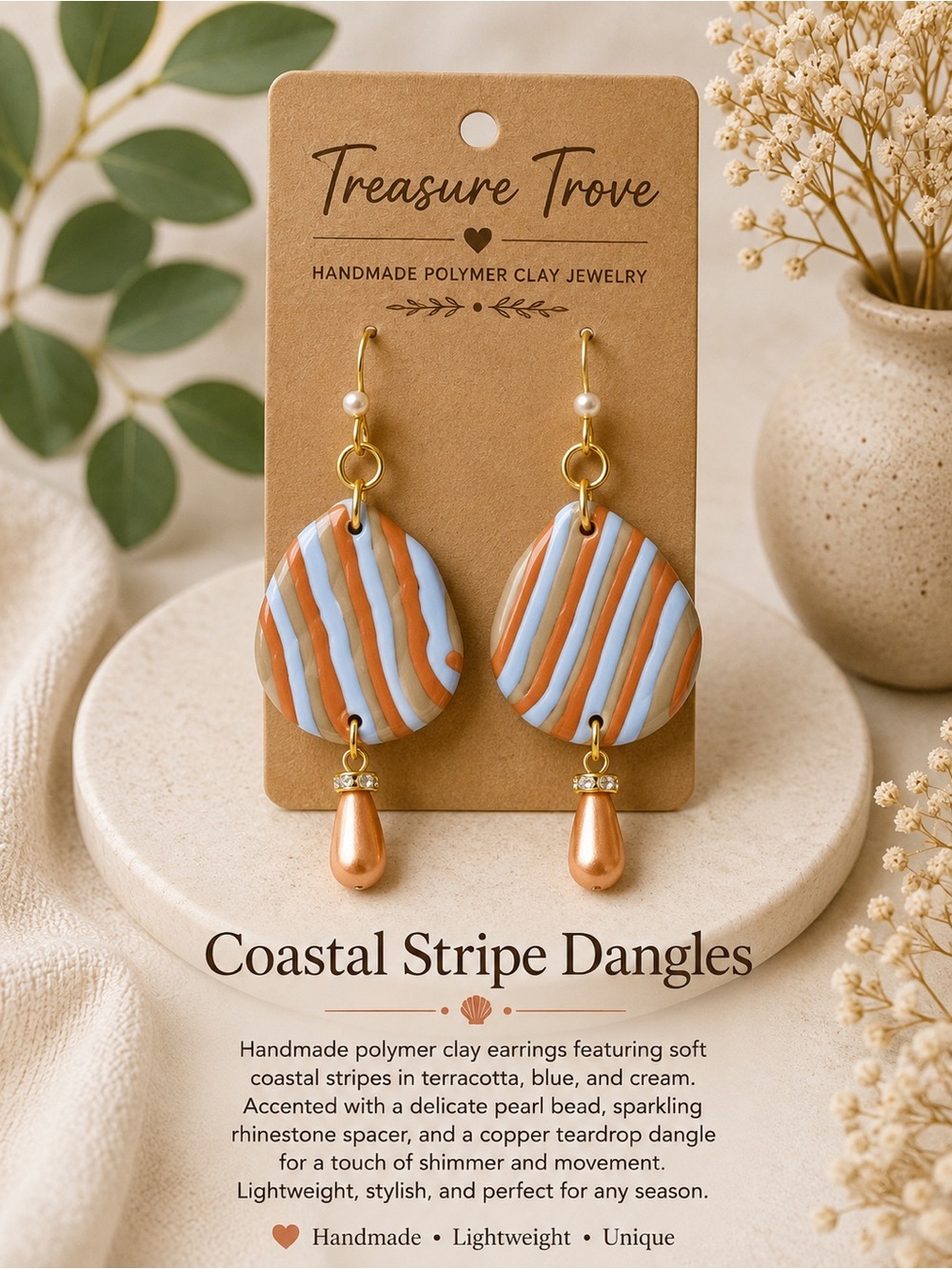 Treasure Trove Coastal Stripe Dangle Earrings - Terracotta, Blue & Cream